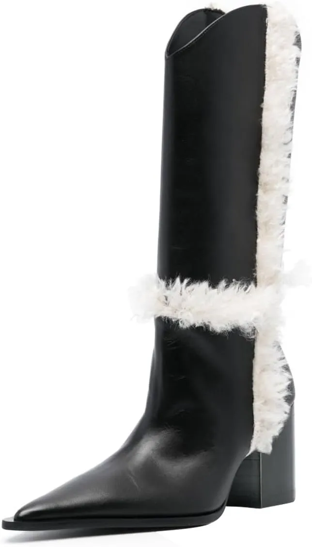 FSJ Women Pointed Toe Faux Fur Lined Knee High Boots Chunky Block Heels Tall Boots Comfortable Party Date Evening Shoes Size 4-16 US