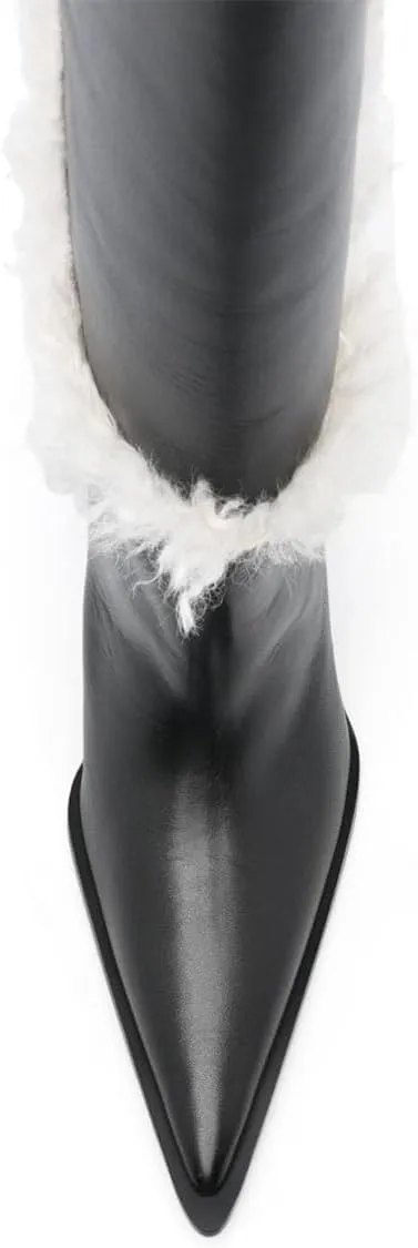 FSJ Women Pointed Toe Faux Fur Lined Knee High Boots Chunky Block Heels Tall Boots Comfortable Party Date Evening Shoes Size 4-16 US