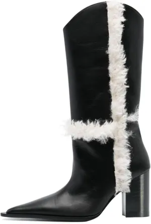 FSJ Women Pointed Toe Faux Fur Lined Knee High Boots Chunky Block Heels Tall Boots Comfortable Party Date Evening Shoes Size 4-16 US