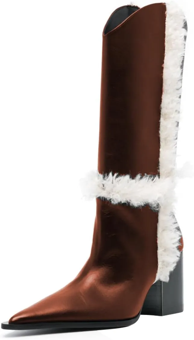 FSJ Women Pointed Toe Faux Fur Lined Knee High Boots Chunky Block Heels Tall Boots Comfortable Party Date Evening Shoes Size 4-16 US