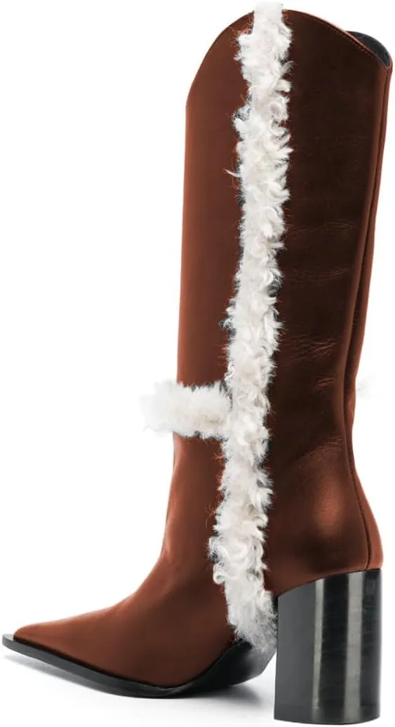 FSJ Women Pointed Toe Faux Fur Lined Knee High Boots Chunky Block Heels Tall Boots Comfortable Party Date Evening Shoes Size 4-16 US
