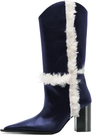 FSJ Women Pointed Toe Faux Fur Lined Knee High Boots Chunky Block Heels Tall Boots Comfortable Party Date Evening Shoes Size 4-16 US