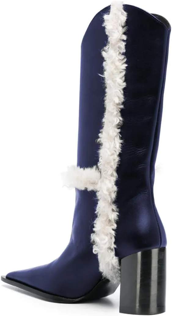 FSJ Women Pointed Toe Faux Fur Lined Knee High Boots Chunky Block Heels Tall Boots Comfortable Party Date Evening Shoes Size 4-16 US