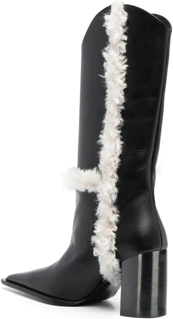 FSJ Women Pointed Toe Faux Fur Lined Knee High Boots Chunky Block Heels Tall Boots Comfortable Party Date Evening Shoes Size 4-16 US