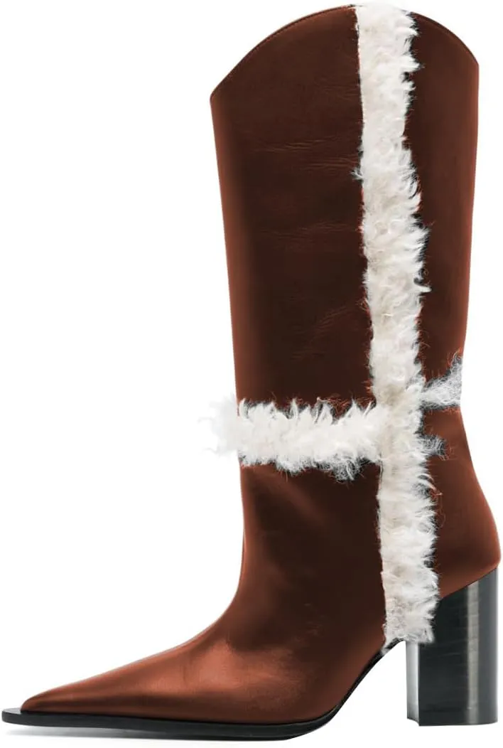 FSJ Women Pointed Toe Faux Fur Lined Knee High Boots Chunky Block Heels Tall Boots Comfortable Party Date Evening Shoes Size 4-16 US