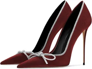 FSJ Women Sexy Stiletto Heels Sparkly Rhinestone Bowknot Pumps Closed Pointed Toe Slip On High Heels Formal Banquet Shoes Size 4-16 US