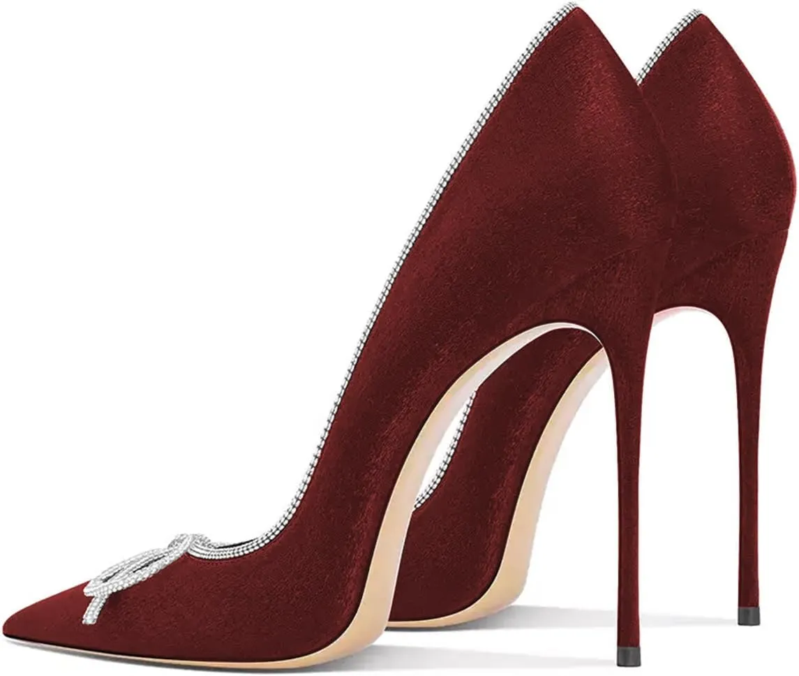 FSJ Women Sexy Stiletto Heels Sparkly Rhinestone Bowknot Pumps Closed Pointed Toe Slip On High Heels Formal Banquet Shoes Size 4-16 US