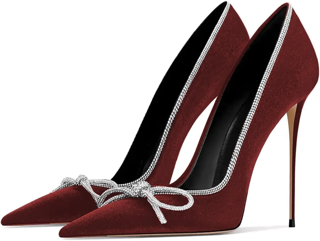 FSJ Women Sexy Stiletto Heels Sparkly Rhinestone Bowknot Pumps Closed Pointed Toe Slip On High Heels Formal Banquet Shoes Size 4-16 US