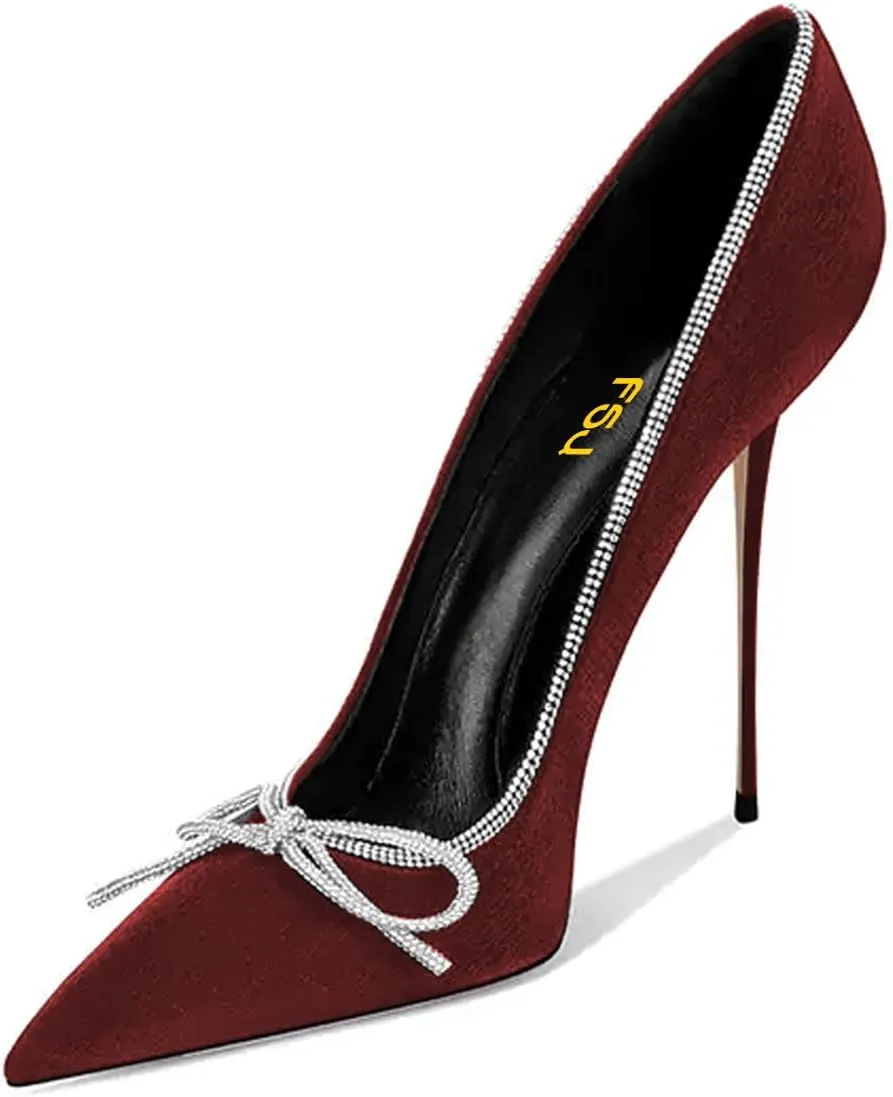 FSJ Women Sexy Stiletto Heels Sparkly Rhinestone Bowknot Pumps Closed Pointed Toe Slip On High Heels Formal Banquet Shoes Size 4-16 US