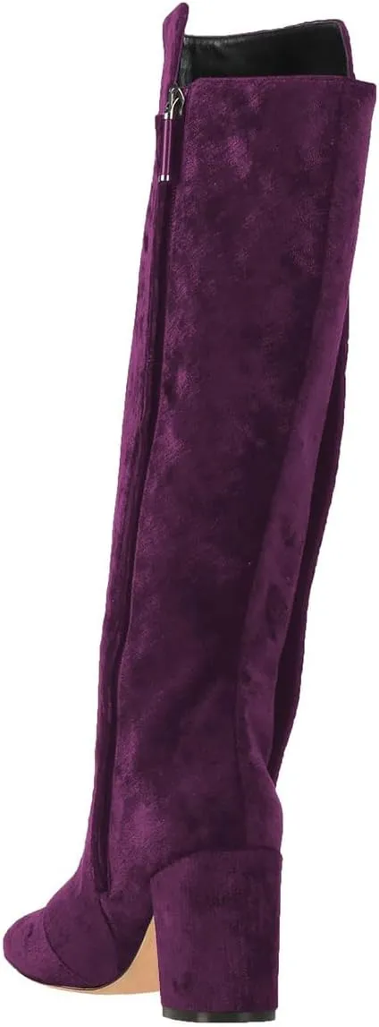 FSJ Women Velvet Knee High Side Zipper Boots Chunky Block Heels Fold Over Button Cloak Closed Toe Comfort Casual Wear Shoes Size 4-16 US