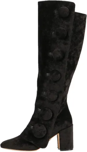 FSJ Women Velvet Knee High Side Zipper Boots Chunky Block Heels Fold Over Button Cloak Closed Toe Comfort Casual Wear Shoes Size 4-16 US
