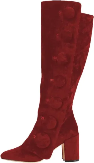 FSJ Women Velvet Knee High Side Zipper Boots Chunky Block Heels Fold Over Button Cloak Closed Toe Comfort Casual Wear Shoes Size 4-16 US
