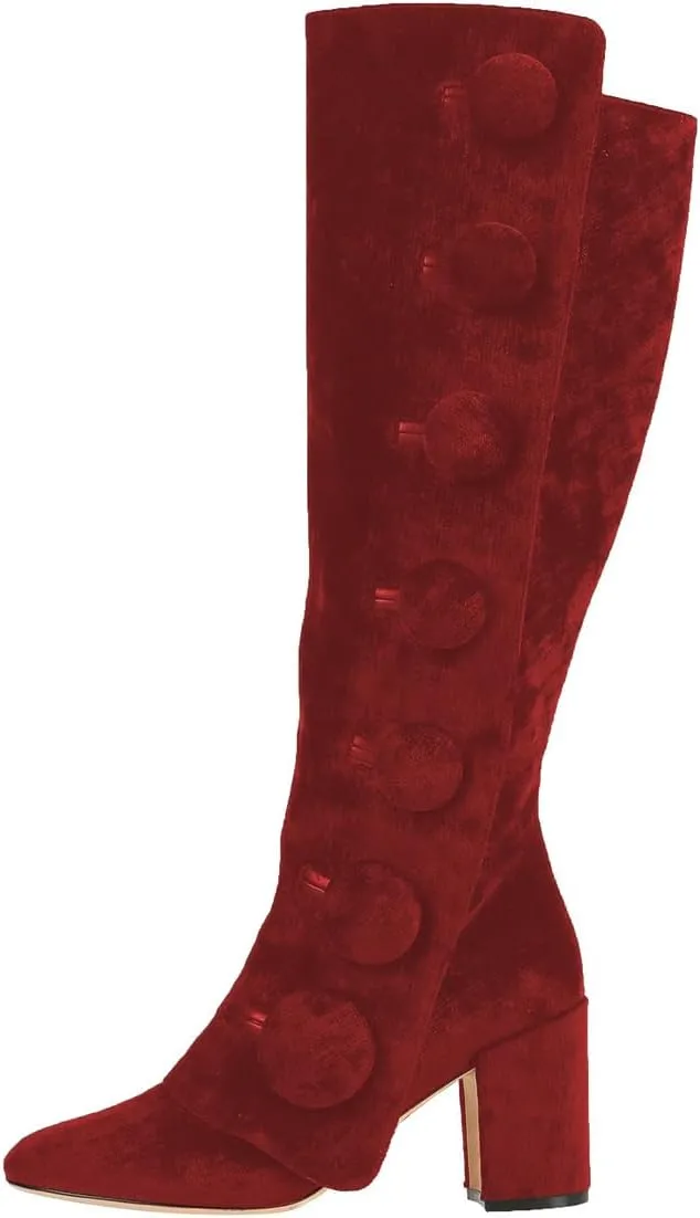 FSJ Women Velvet Knee High Side Zipper Boots Chunky Block Heels Fold Over Button Cloak Closed Toe Comfort Casual Wear Shoes Size 4-16 US