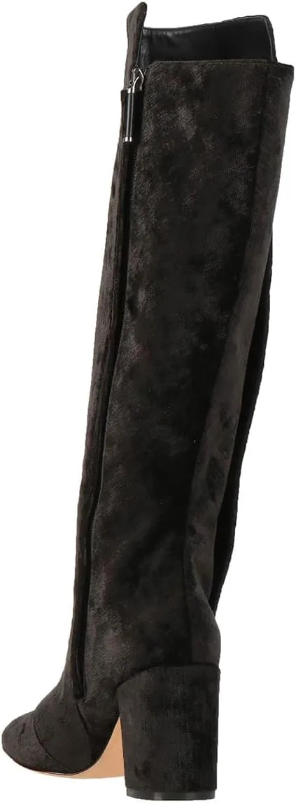 FSJ Women Velvet Knee High Side Zipper Boots Chunky Block Heels Fold Over Button Cloak Closed Toe Comfort Casual Wear Shoes Size 4-16 US