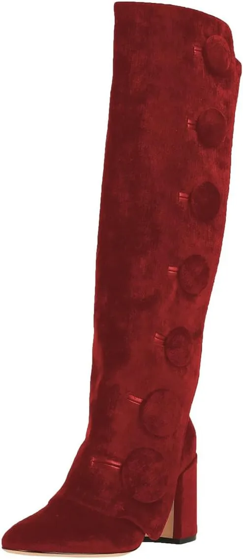FSJ Women Velvet Knee High Side Zipper Boots Chunky Block Heels Fold Over Button Cloak Closed Toe Comfort Casual Wear Shoes Size 4-16 US