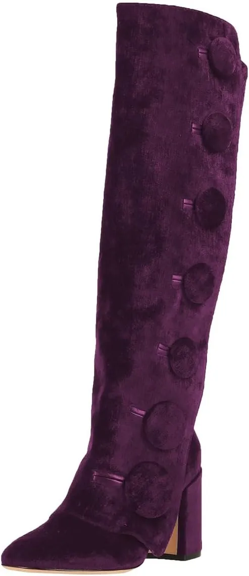 FSJ Women Velvet Knee High Side Zipper Boots Chunky Block Heels Fold Over Button Cloak Closed Toe Comfort Casual Wear Shoes Size 4-16 US