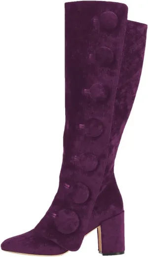 FSJ Women Velvet Knee High Side Zipper Boots Chunky Block Heels Fold Over Button Cloak Closed Toe Comfort Casual Wear Shoes Size 4-16 US