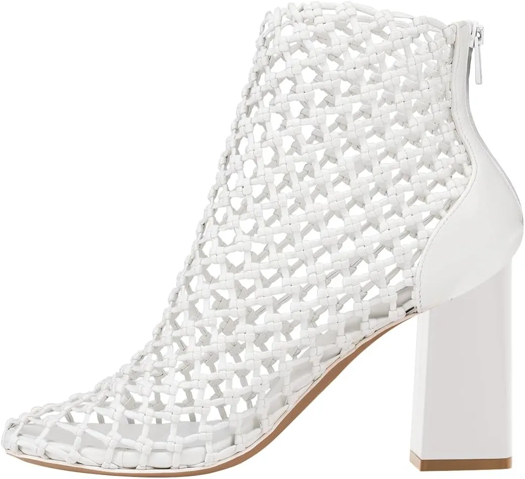 FSJ Women Woven Ankle Boots Chunky Block Heels Back Zip Comfortable Heeled Sandals Chic Booties Casual Party Wear Shoes Size 4-16 US