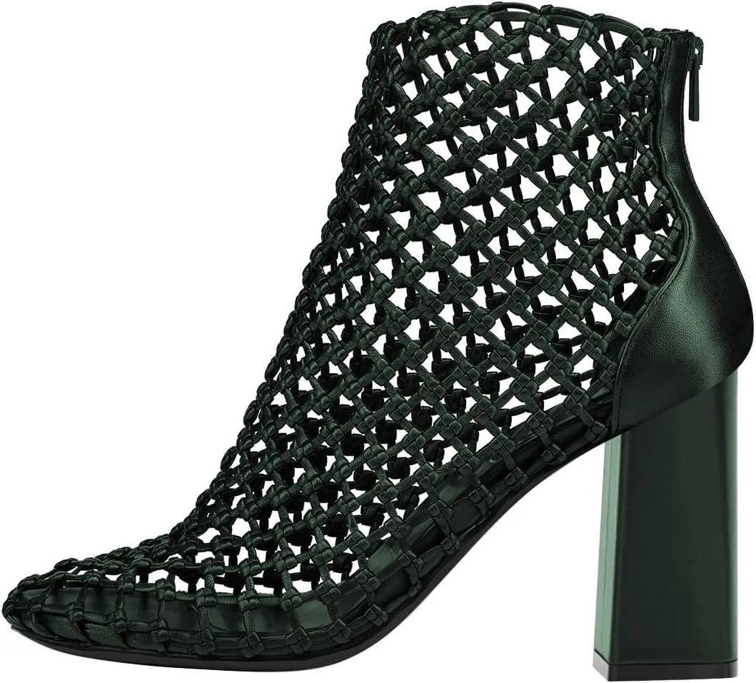 FSJ Women Woven Ankle Boots Chunky Block Heels Back Zip Comfortable Heeled Sandals Chic Booties Casual Party Wear Shoes Size 4-16 US