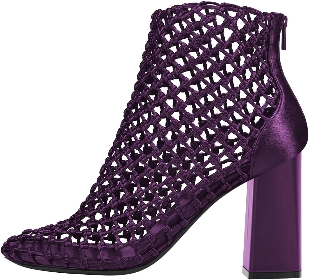 FSJ Women Woven Ankle Boots Chunky Block Heels Back Zip Comfortable Heeled Sandals Chic Booties Casual Party Wear Shoes Size 4-16 US