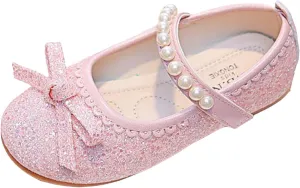 Girl's Mary Jane Bow Elastic Strap Ballerina Flat Flower Bridesmaids Heels Glitter Princess Shoes Baptism Dress Shoes