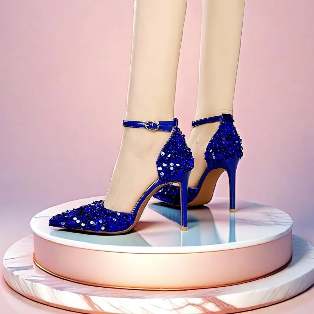 JOEupin Women's Sequin Pumps 4 Inch Pointed Toe Ankle Strap Stiletto Heels Party Wedding Dress Shoes