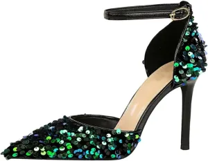 JOEupin Women's Sequin Pumps 4 Inch Pointed Toe Ankle Strap Stiletto Heels Party Wedding Dress Shoes
