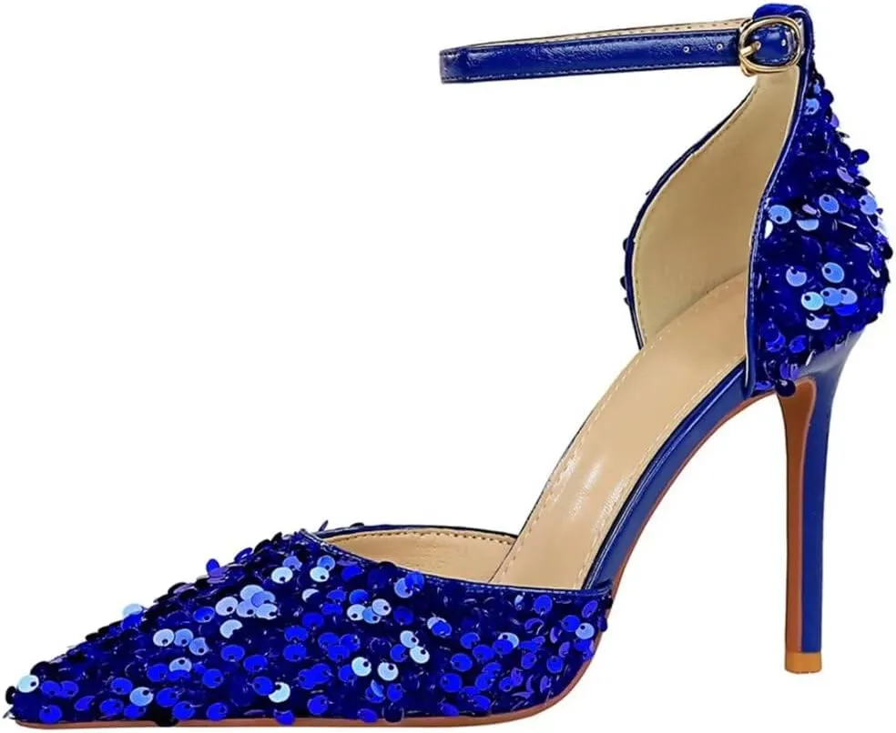 JOEupin Women's Sequin Pumps 4 Inch Pointed Toe Ankle Strap Stiletto Heels Party Wedding Dress Shoes