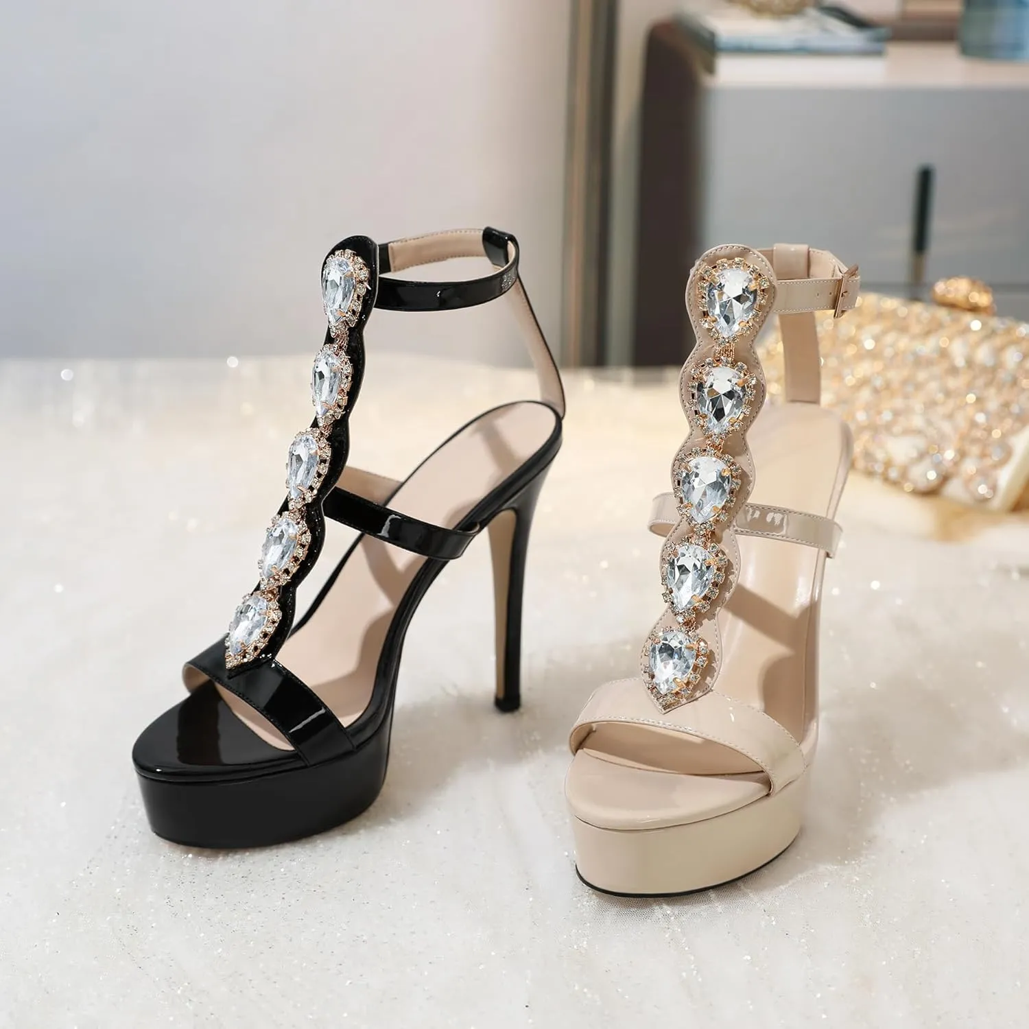 Joseywade Platform Stiletto Heels Open Toe Sky High Heels Heeled Sandals Strappy Thin Slim Heel 5.5 Inch Ankle Strap Shoes US Size 5-15