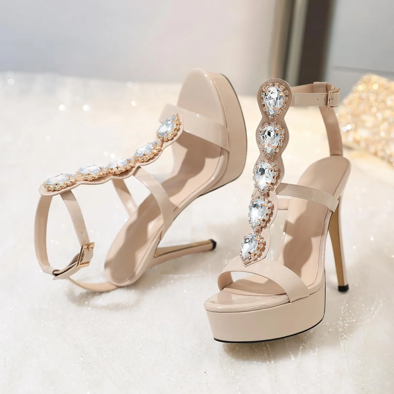 Joseywade Platform Stiletto Heels Open Toe Sky High Heels Heeled Sandals Strappy Thin Slim Heel 5.5 Inch Ankle Strap Shoes US Size 5-15