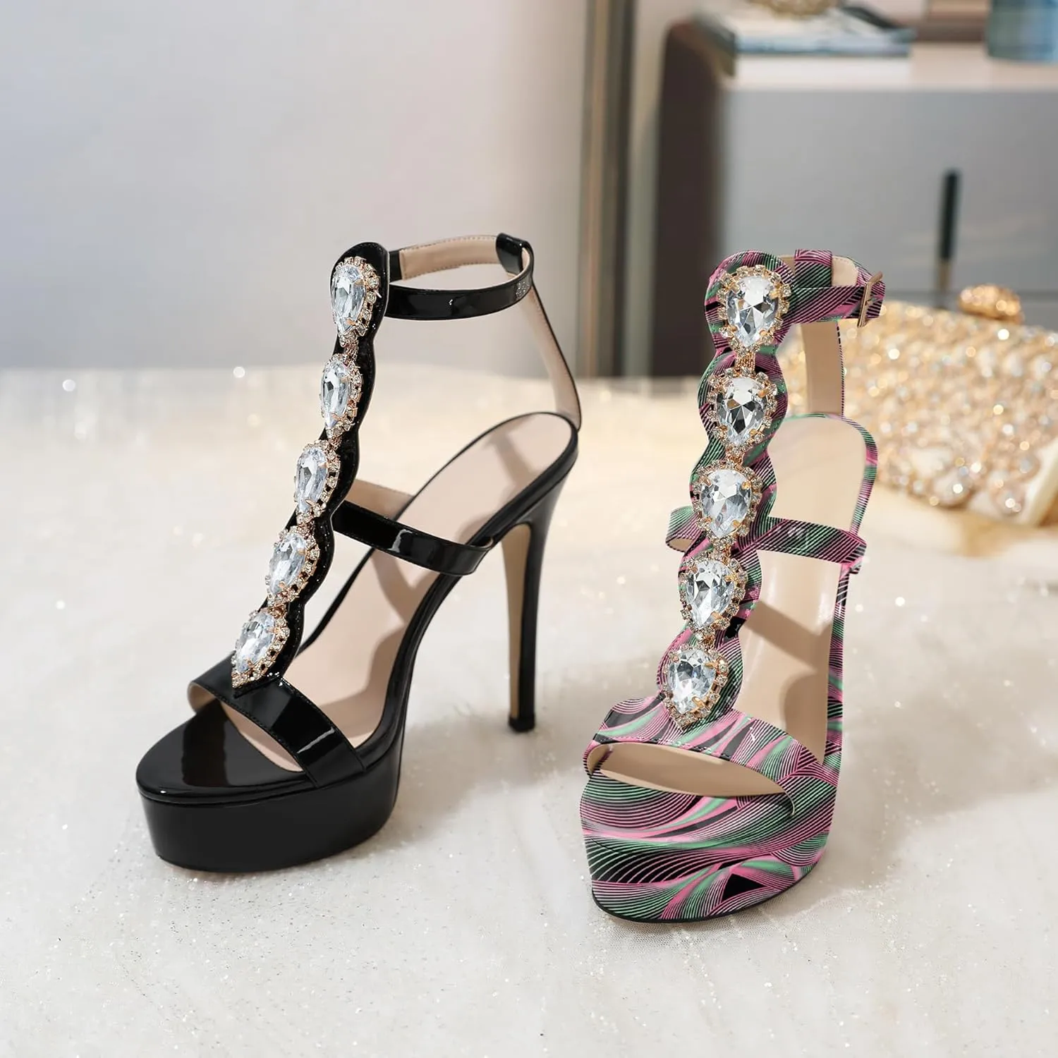 Joseywade Platform Stiletto Heels Open Toe Sky High Heels Heeled Sandals Strappy Thin Slim Heel 5.5 Inch Ankle Strap Shoes US Size 5-15