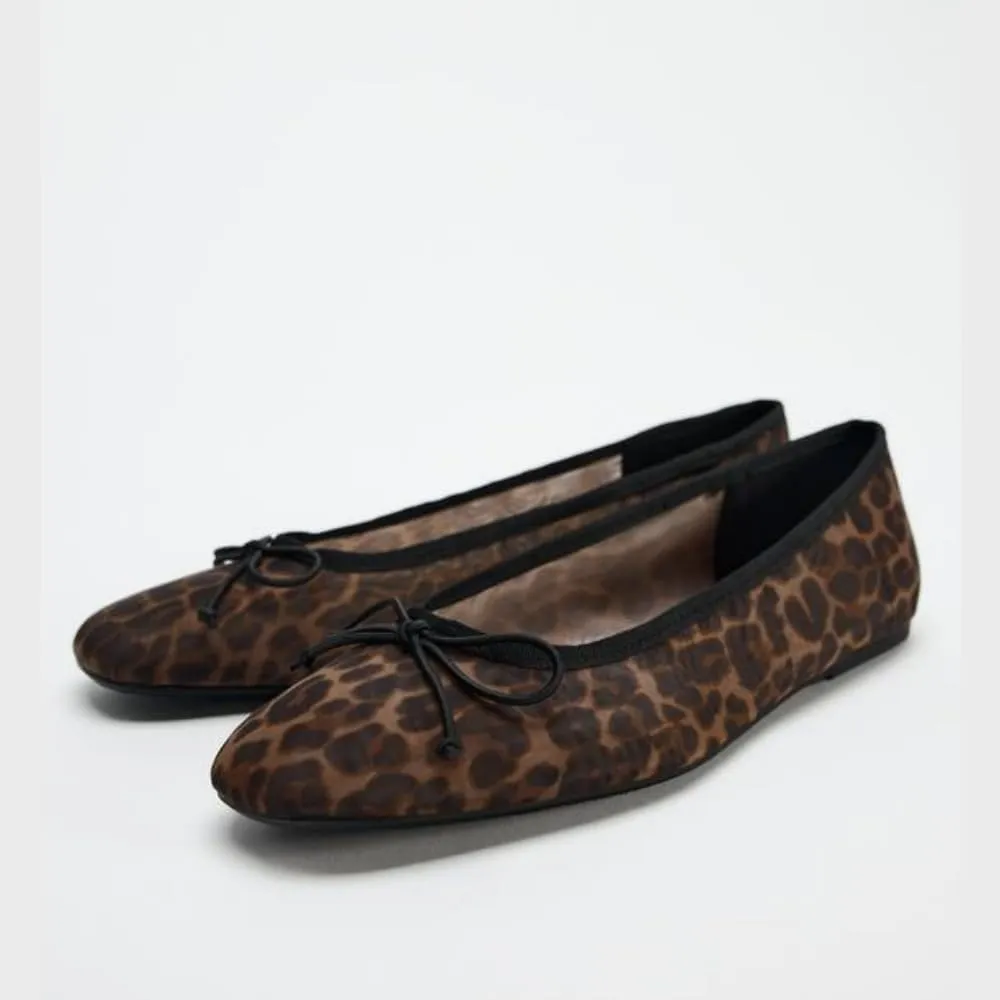 keleimusi Leopard Mesh Ballet Flat for Women Slip On Round Toe Mary Jane Ballet Flats with Bow Comfortable Casual Ballerina Shoes.
