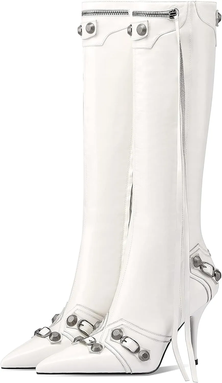 keleimusi Metal Studs Knee High Boots for Women Pointed Toe Heeled Ruffle Leather Shoes