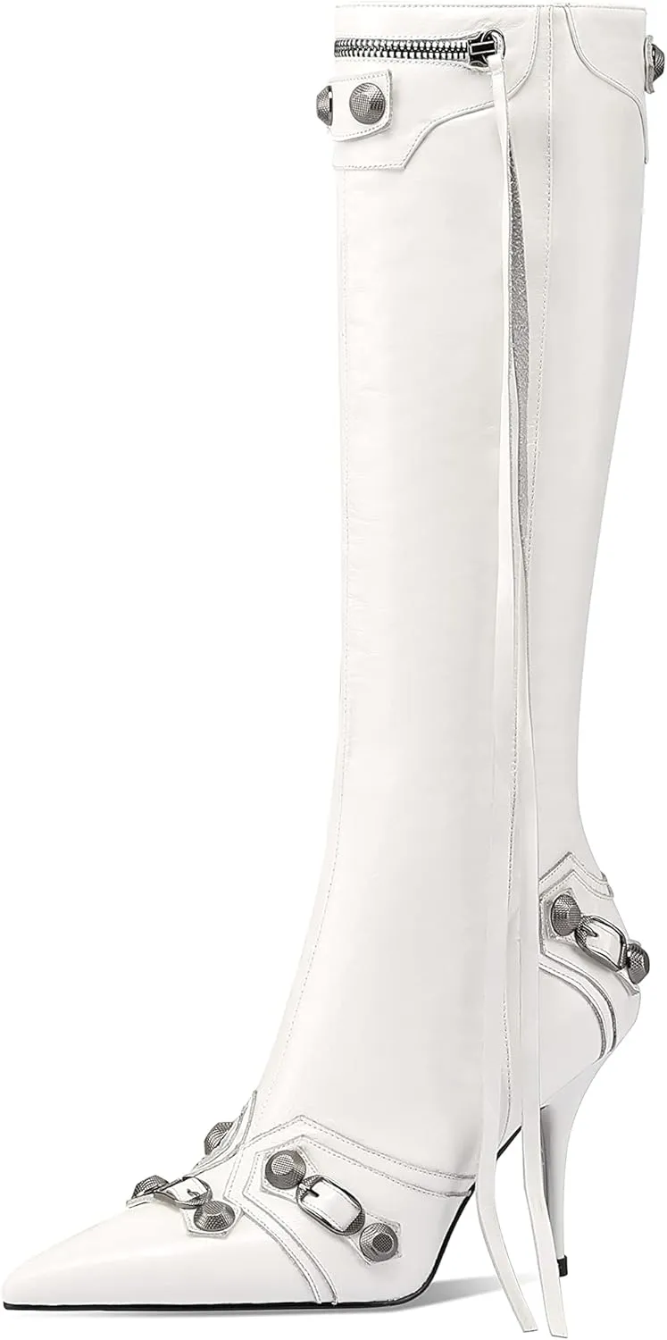 keleimusi Metal Studs Knee High Boots for Women Pointed Toe Heeled Ruffle Leather Shoes