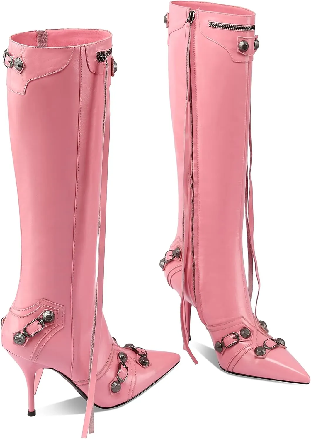 keleimusi Metal Studs Knee High Boots for Women Pointed Toe Heeled Ruffle Leather Shoes