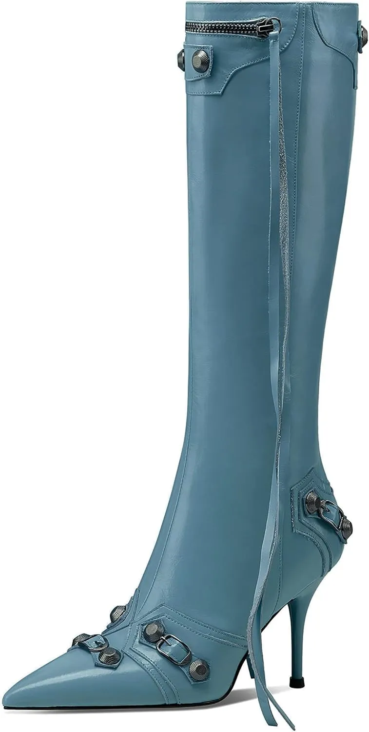 keleimusi Metal Studs Knee High Boots for Women Pointed Toe Heeled Ruffle Leather Shoes