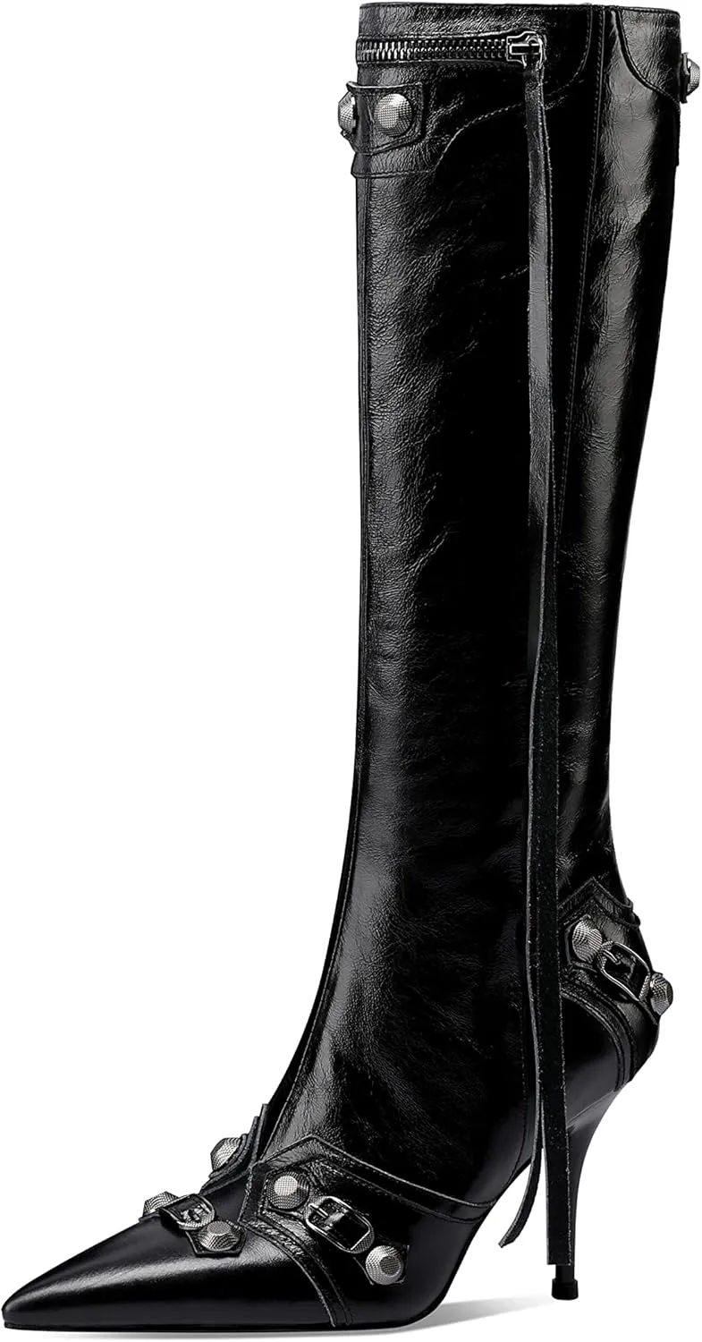 keleimusi Metal Studs Knee High Boots for Women Pointed Toe Heeled Ruffle Leather Shoes