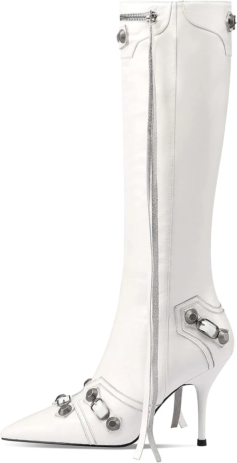 keleimusi Metal Studs Knee High Boots for Women Pointed Toe Heeled Ruffle Leather Shoes