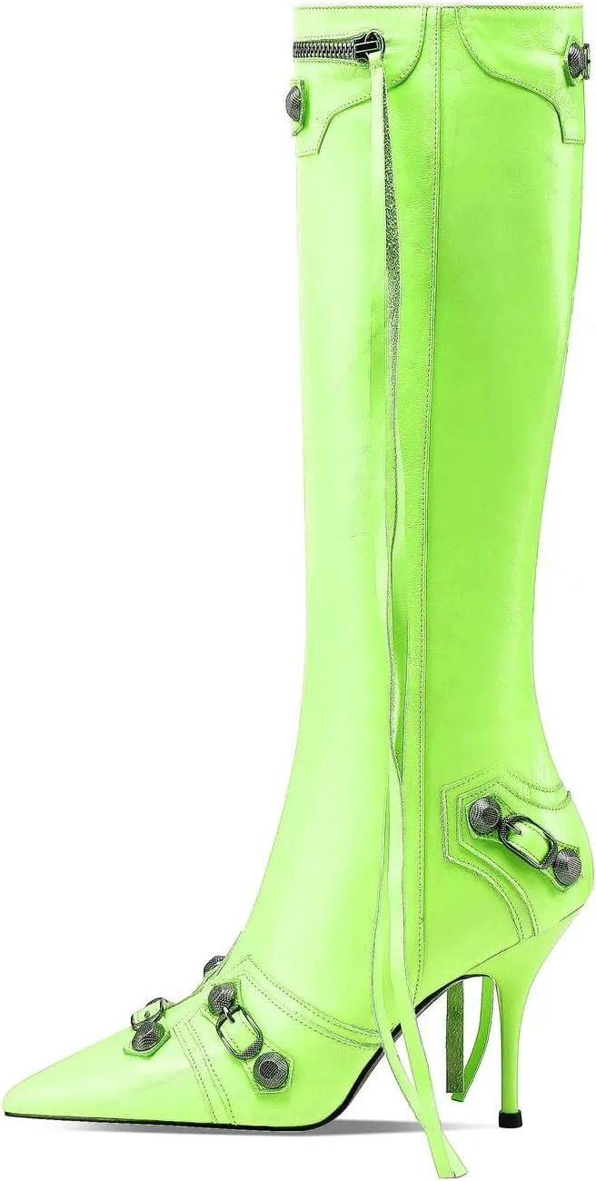 keleimusi Metal Studs Knee High Boots for Women Pointed Toe Heeled Ruffle Leather Shoes