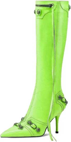 keleimusi Metal Studs Knee High Boots for Women Pointed Toe Heeled Ruffle Leather Shoes