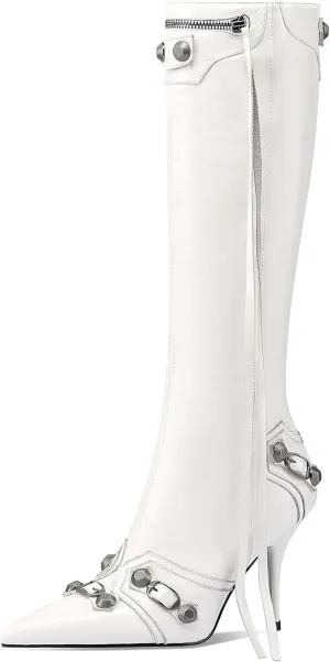 keleimusi Metal Studs Knee High Boots for Women Pointed Toe Heeled Ruffle Leather Shoes