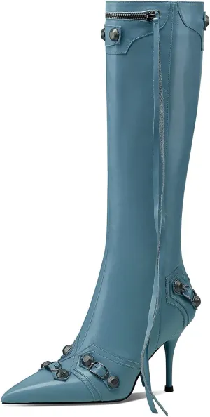 keleimusi Metal Studs Knee High Boots for Women Pointed Toe Heeled Ruffle Leather Shoes