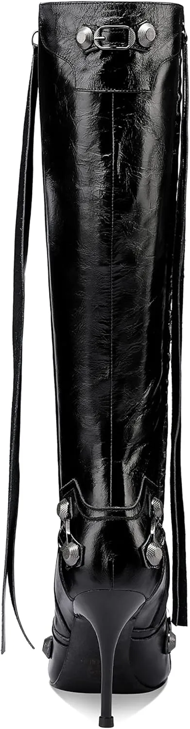 keleimusi Metal Studs Knee High Boots for Women Pointed Toe Heeled Ruffle Leather Shoes