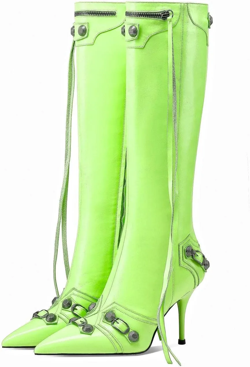 keleimusi Metal Studs Knee High Boots for Women Pointed Toe Heeled Ruffle Leather Shoes