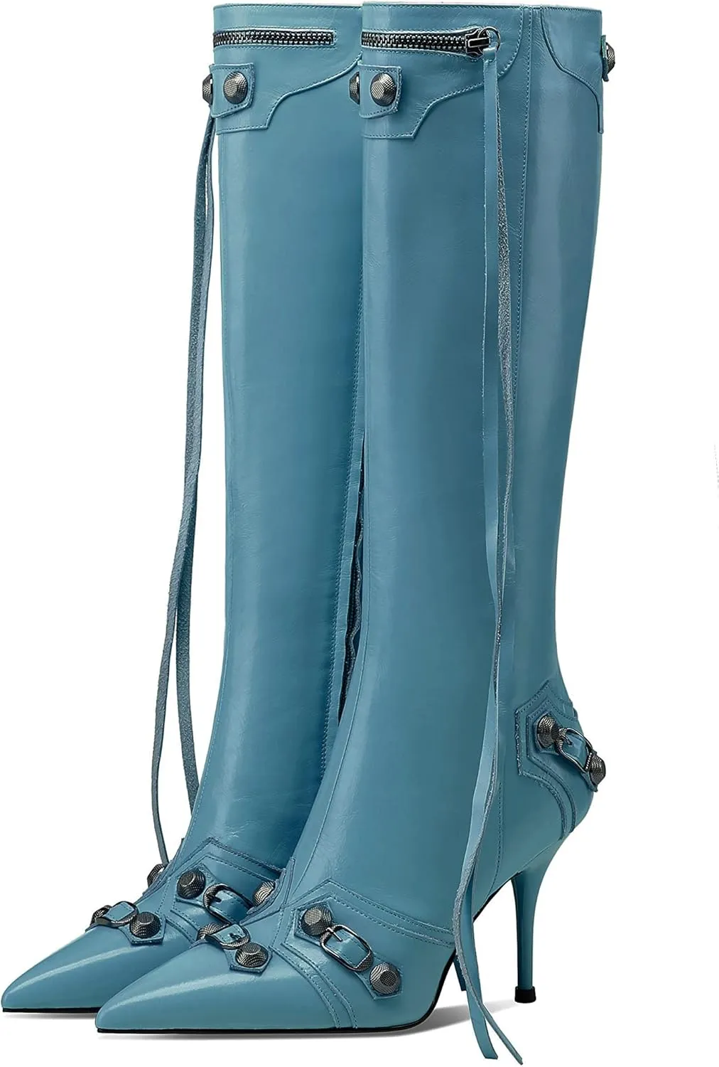 keleimusi Metal Studs Knee High Boots for Women Pointed Toe Heeled Ruffle Leather Shoes