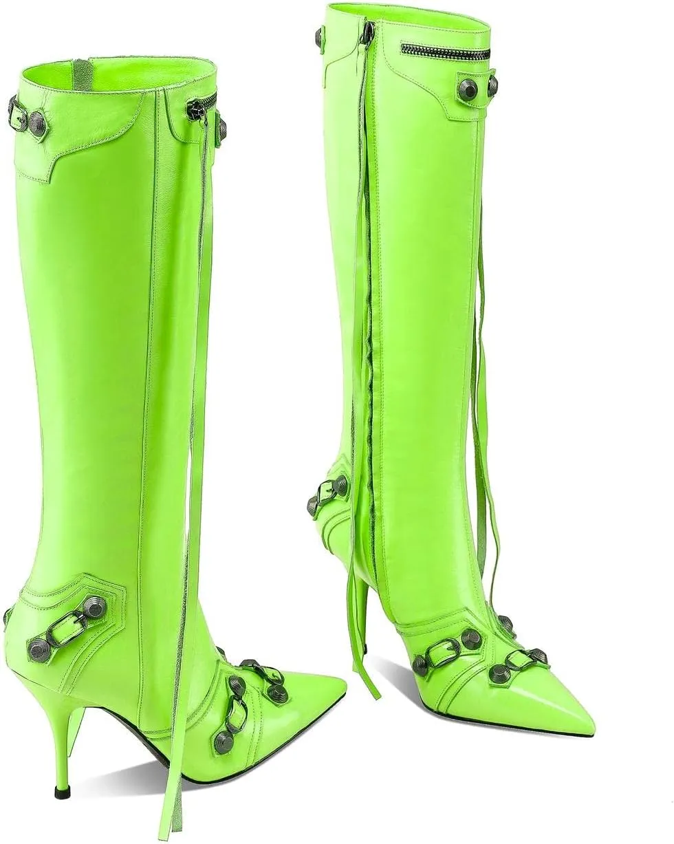 keleimusi Metal Studs Knee High Boots for Women Pointed Toe Heeled Ruffle Leather Shoes