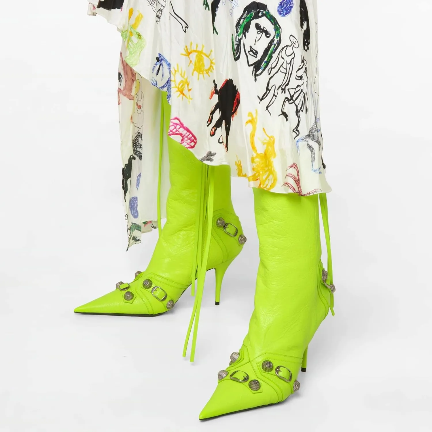 keleimusi Metal Studs Knee High Boots for Women Pointed Toe Heeled Ruffle Leather Shoes