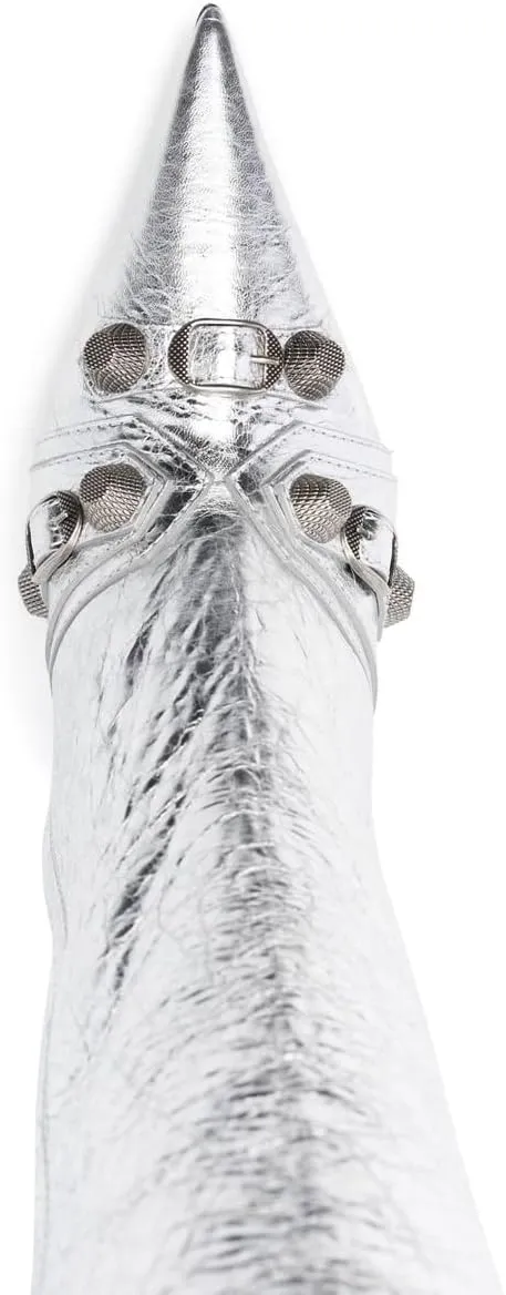 keleimusi Metal Studs Knee High Boots for Women Pointed Toe Heeled Ruffle Leather Shoes
