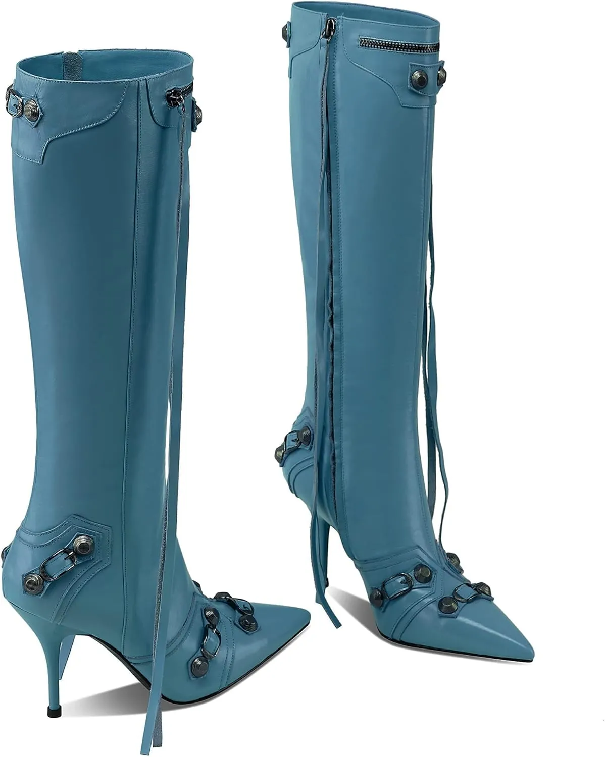 keleimusi Metal Studs Knee High Boots for Women Pointed Toe Heeled Ruffle Leather Shoes