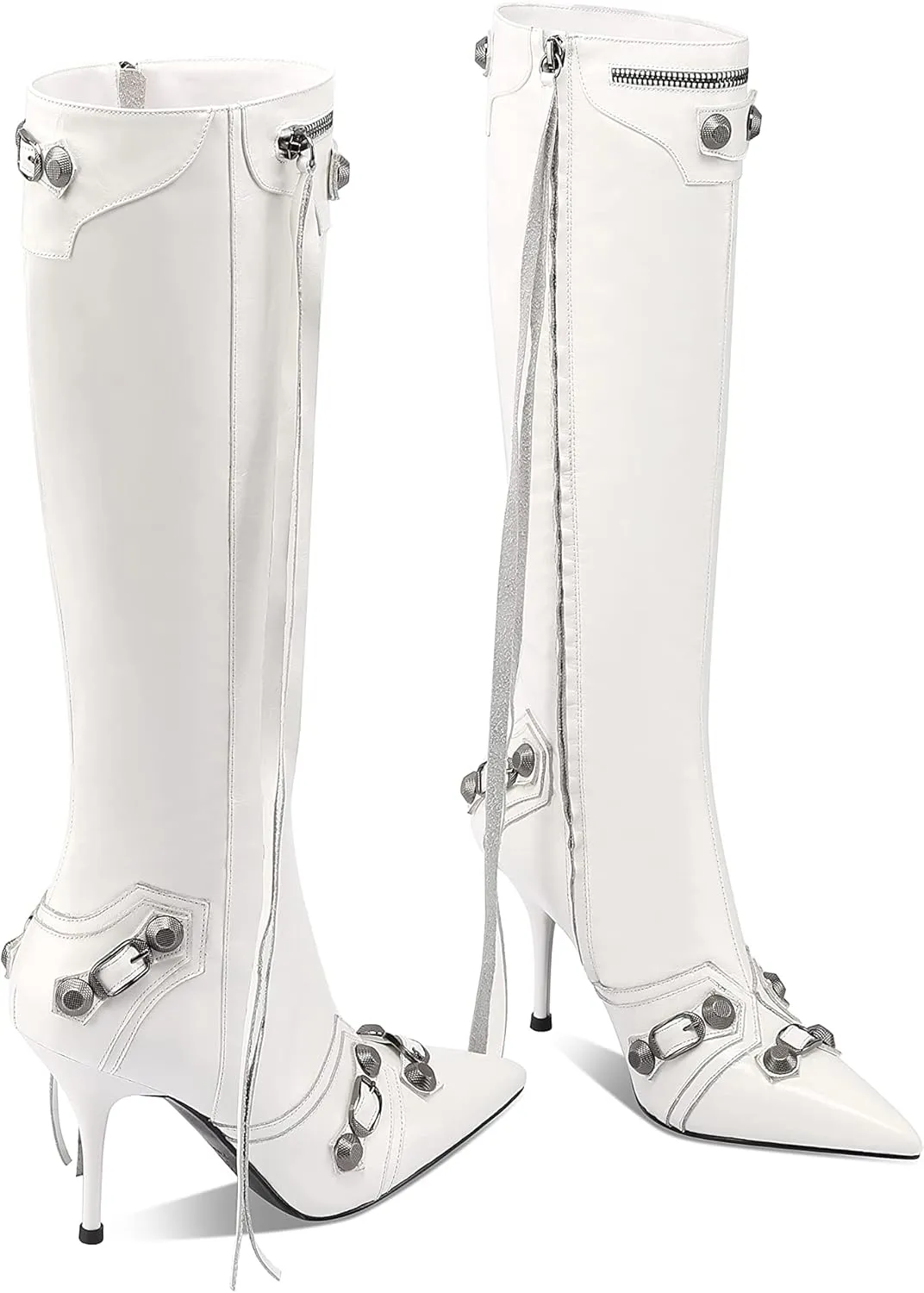 keleimusi Metal Studs Knee High Boots for Women Pointed Toe Heeled Ruffle Leather Shoes